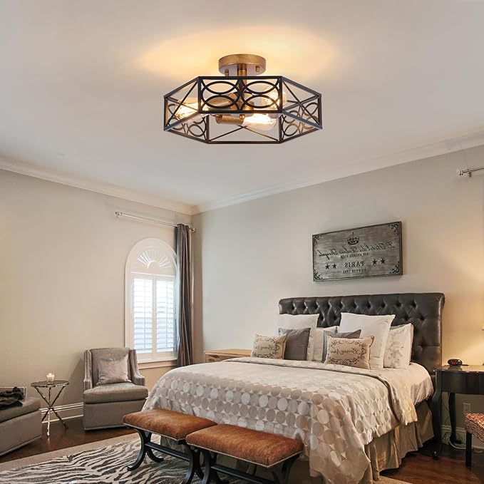 Industrial Semi Flush Mount Ceiling Light Fixture, Retro Gold Close to Ceiling Light with Black Metal Hexagon Cage, Vintage Farmhouse 3-Light Ceiling Lamp for Kitchen, Hallway, Bathroom