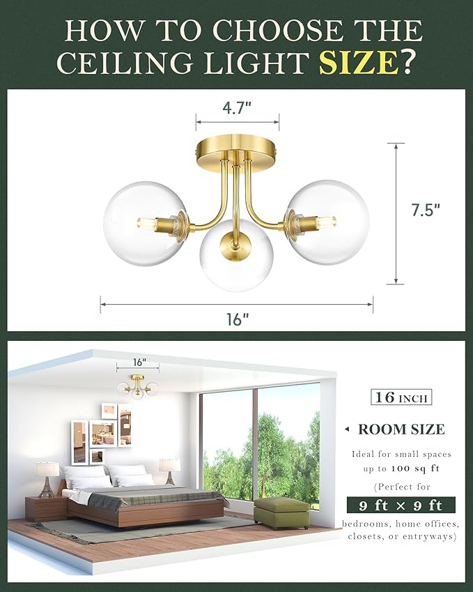 3-Globe Gold Flush Mount Ceiling Light in a Modern Farmhouse Design is Ideal for Living Rooms, Bedrooms, or Dining Rooms. Model:CKCL4845-3W-CLPG,(Bulb Incl)