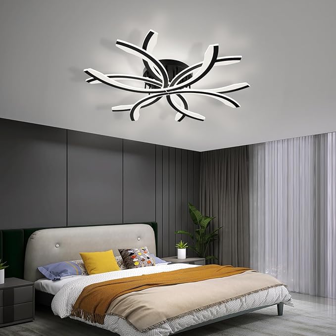 Modern LED Flush Mount Ceiling Light - 12 Lights Dimmable Close-to-Ceiling Fixture with Remote Control, 144W 3000K-6500K Adjustable Color Temperature (Black)