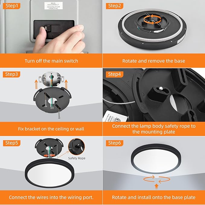 Hlite 12 Inch Flush Mount LED Ceiling Light with Night Light, 24W, 2400lm, Selectable 3000K/4000K/5000K, Flat Lights for Bedroom, Kitchen, Black(1Pack)