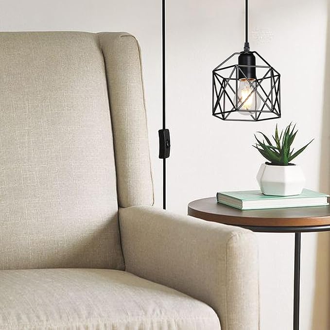 Industrial Plug-in Pendant Light, Black Farmhouse Hanging Ceiling Light, Vintage Metal Cage Wall Mount Lamp, 1-Light Fixture for Kitchen Island, Dining Room, E26 Base (Bulb Not Included)