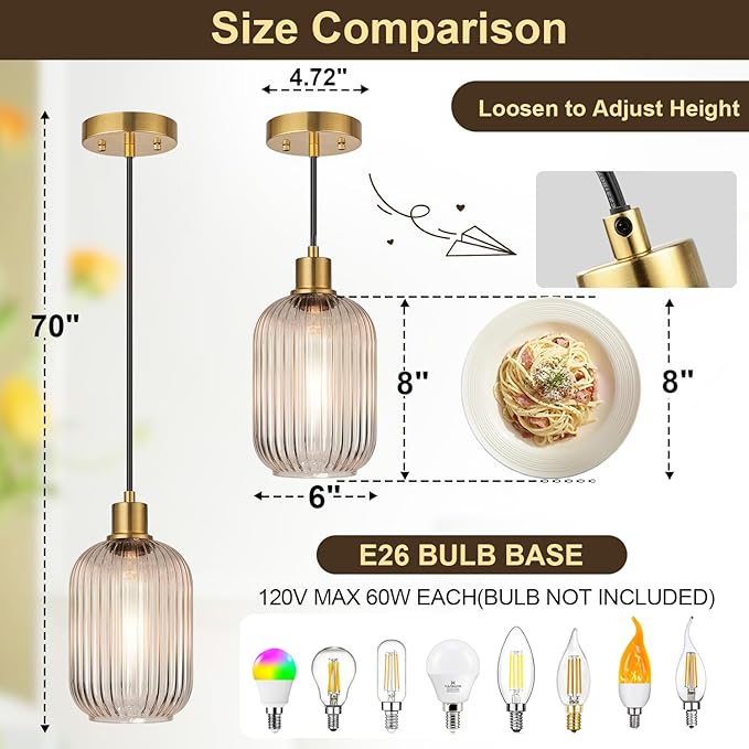 2 Pack Clear Cylinder Pendant Lights Kitchen Island with Ribbed Lampshade, Brushed Gold Hanging Light Fixture, Adjustable Pendant Lighting for Kitchen Island Sink Dining Room (Bulbs Not Included)