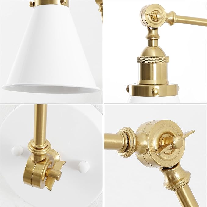JONATHAN Y 7" White/Brass Gold Classic Industrial Metal Adjustable Arm LED Wall Sconce for Bedside Reading, Farmhouse Swing Arm Wall Lamp with Metal Shade, Hardwired (JYL7462B-SET2)