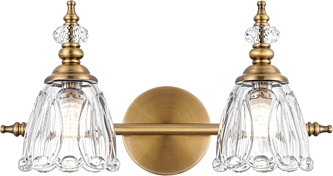 Brass Vanity Light, Vintage Brushed Gold Bathroom Light Fixtures, 2 Light Bathroom Vanity Lights, Flower Glass Shade Wall Sconce Lighting