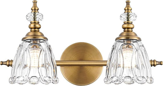Brass Vanity Light, Vintage Brushed Gold Bathroom Light Fixtures, 2 Light Bathroom Vanity Lights, Flower Glass Shade Wall Sconce Lighting