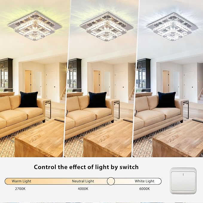 FRIXCHUR 12" Crystal Ceiling Light Crystal Chandelier LED Square Flush Mount Ceiling Light 2-Layer K9 Crystal Ceiling Fixture for Bedroom Living Room Dining Room Hallway Staircase Kitchen Closet