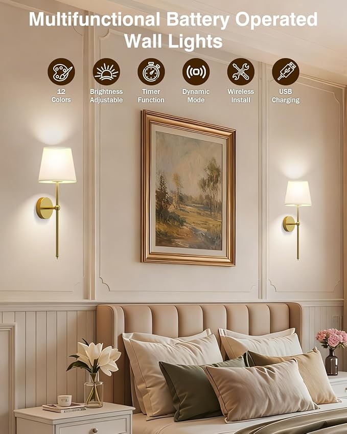 Abovizo Battery Operated Wall Sconce Set of Two, 12 Colors Wireless Wall Sconces with Remote Control, 5200mAh Rechargeable Wall Light for Bedroom Living Room Hallway