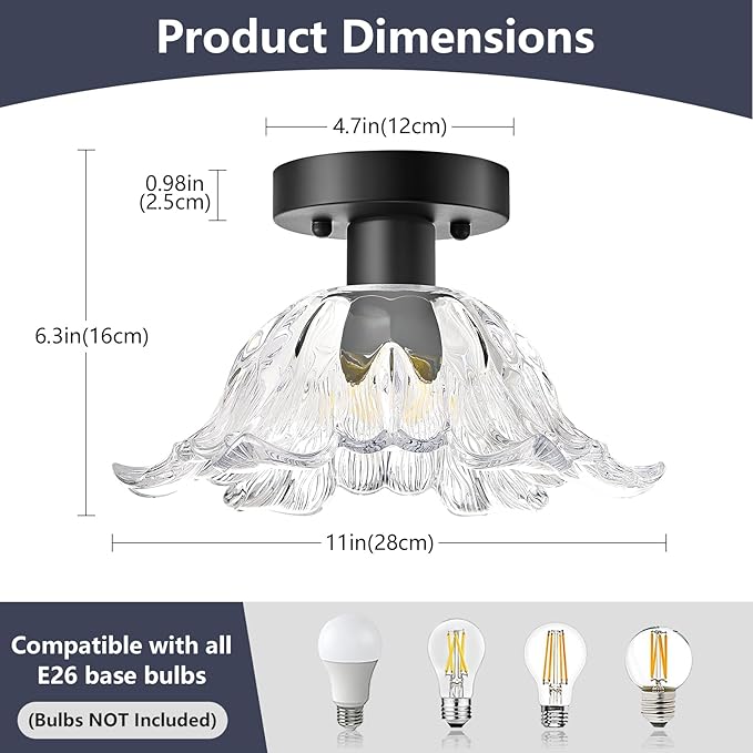 Modern Flower Glass Ceiling Light, Mid-Century Lighting Fixtures, Black Semi Flush Mount Ceiling Light for Hallway, Kitchen, Laundry Room, Bathroom, Entryway, 11 in