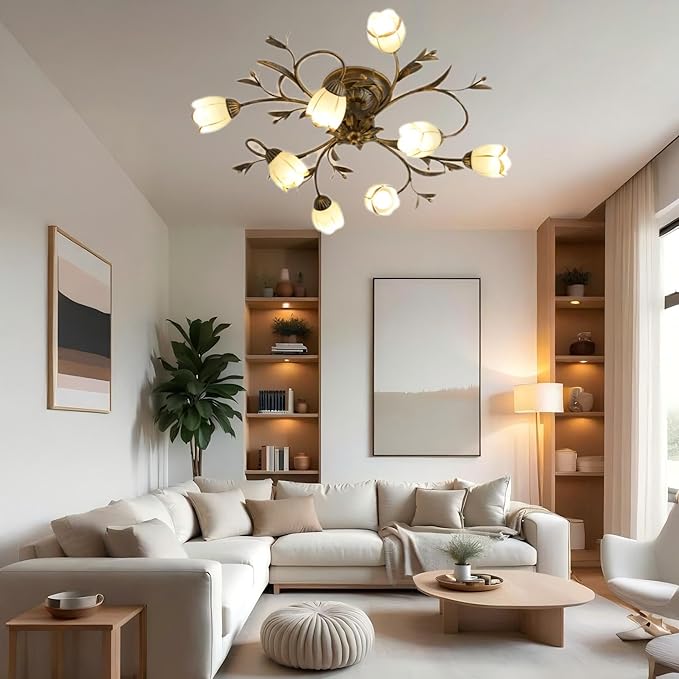31.5 Inch 8-Lights Branch Shaped Ceiling Lights, Creative Retro Style Flower Vine Ceiling Light Fixtures, Country Style Ceiling Lamp for Living Room, Bedroom, Kitchen, Study Room
