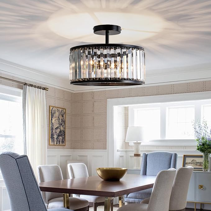 Black Crystal Ceiling Light Fixture,3 light crystal Semi Flush Mount Ceiling Lighting Fixture,Round Small kitchen ceiling light for Hallway, Entryway, Laundry Room, Kitchen, Bedroom, Foyer, Bathroom