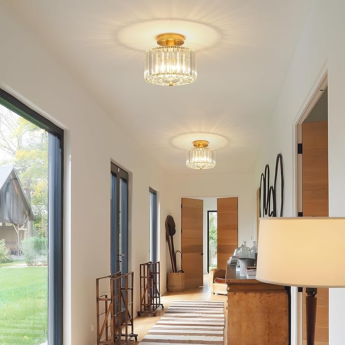 Small Crystal Ceiling Light, Modern Mini Flush Mount Crystal Chandelier, Gold Small Chandelier Light Fixture, Entryway Lighting Fixture for Kitchen Hallway Laundry Room, 1-Light, SF004-1-G