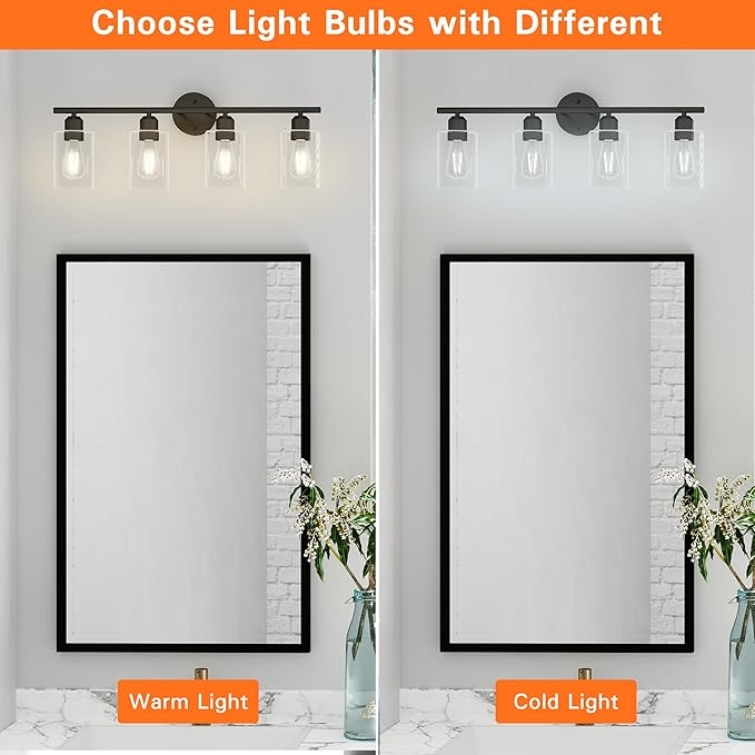 Espird 4 Light Bathroom Vanity Light Fixtures Black,Rustic Farmhouse Vanity Lighting Over Mirror Modern Industrial Lamp with Cylinder Glass Shade UL Certified