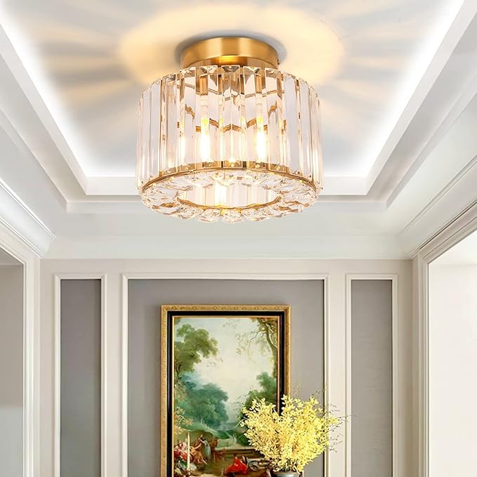 Crystal Modern Semi Flush Mounted Ceiling Light Fixture Brass Chandelier for Hallway, Dining Room, Foyer, Living Room, Bedroom, Entryway