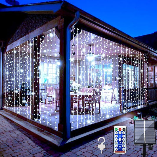 Solar Curtain Lights Outdoor Garden 300 LED Fairy String Lights 8 Modes Remote Control Waterproof Waterfall Lights for Gazebo Patio Home Festival Wedding Wall Christmas Decorations(White)