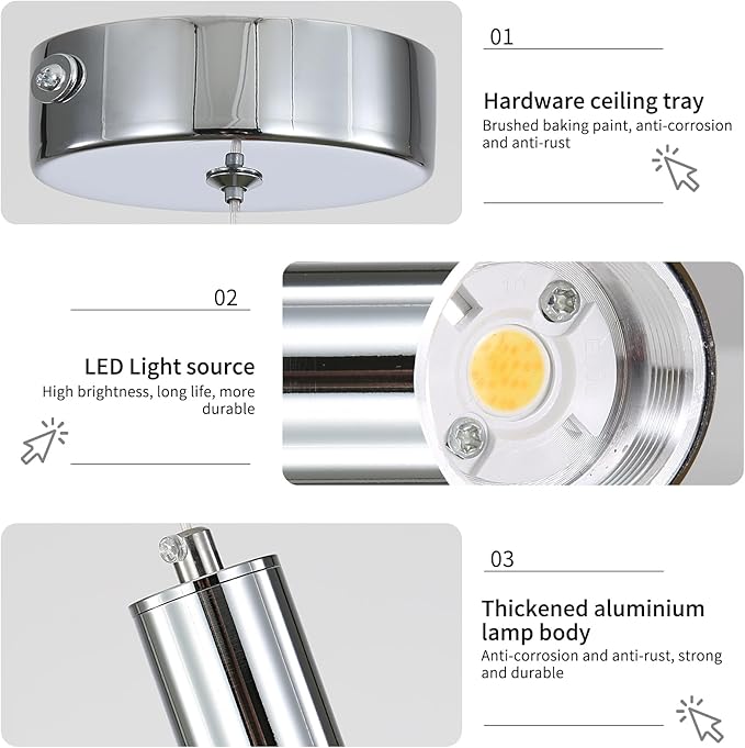3 Pack Modern LED Pendant Light, Chrome Bubble Hanging Ceiling Lamp Fixture, 3 Color 2700K/4500K/6500K, Small Kitchen Island Chandelier Over Table for Dining Room, Living Room, Bedroom, Bar, Cafe