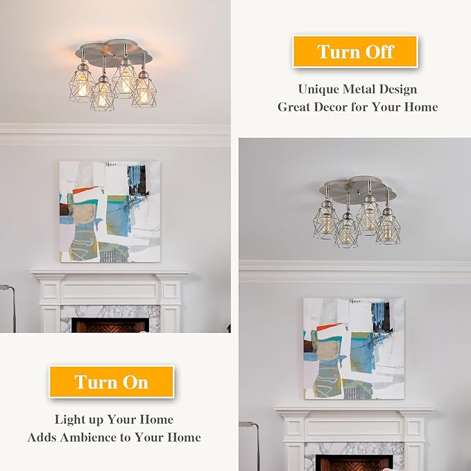 Kitchen Light Fixtures Ceiling Mount, Adjustable Semi Flush Mount Ceiling Light, Multi-Directional Lamp for Kitchen, Hallway, Dining Room, Farmhouse with E26 Base (Brushed Nickel 4-Light)