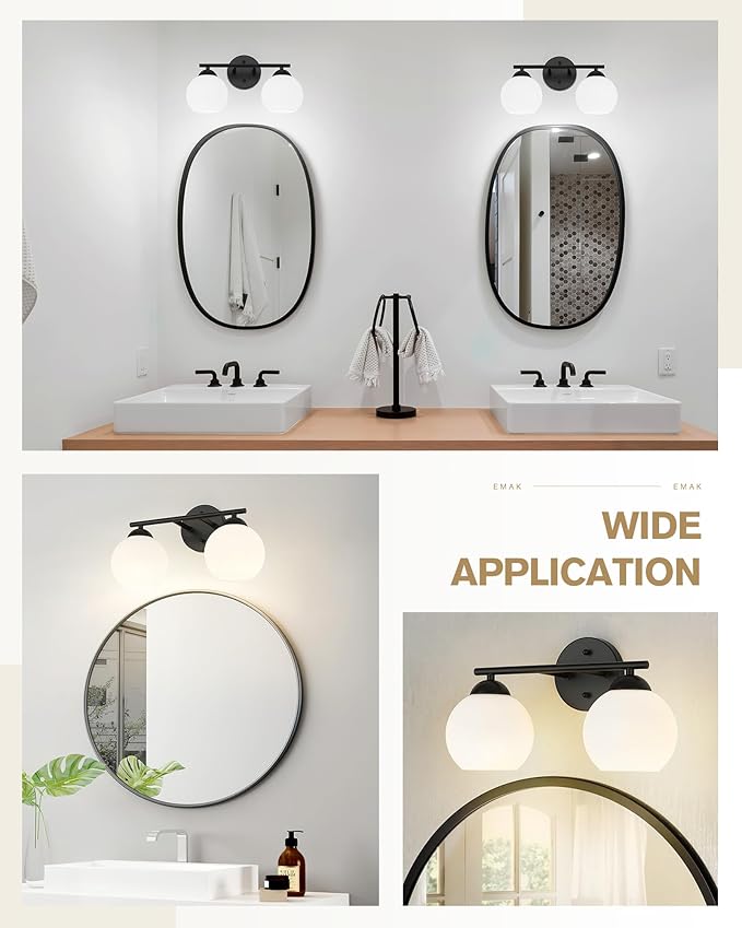 Emak Black Vanity Lights for Mirror, Modern Farmhouse 2-Light Bathroom Light Fixtures Globe Bathroom Vanity Light with Milk Glass Shade, VL114-BK-ML-2