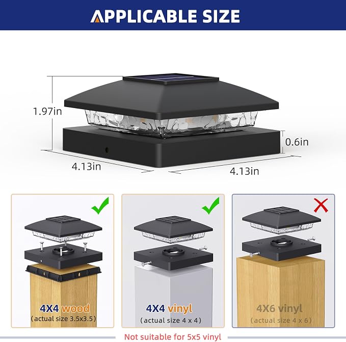 APONUO Solar Post Cap Lights for 4x4 Posts - IP64 Waterproof, 3000K LED, No-Wire Fence Lights & Deck Lights for Patio Garden Yard Patio, Black-Warm White, 6 Pack