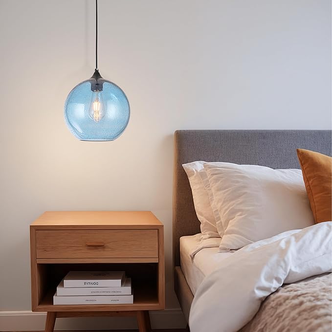 Blue Glass Pendant Lights Kitchen Island Lighting Modern Globe Pendant Light Fixtures Modern Pendant Lights for Kitchen Island Bedroom Living Dining Room Light Fixture-7.8inch