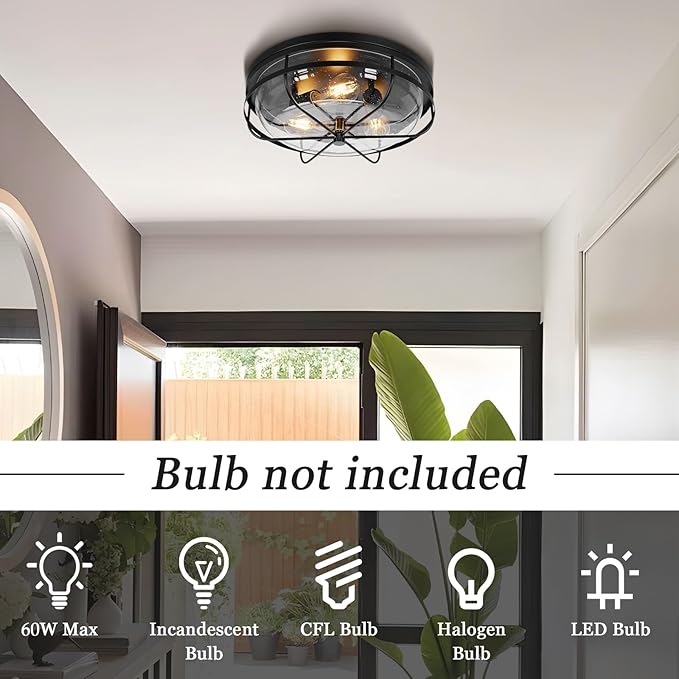 16 Inch Light Fixtures Ceiling Mount, Close to Ceiling Light with Seeded Glass, Outdoor Indoor Flush Mount Ceiling Light for Bedroom Living Room Kitchen Porch Hall Patio, ROS91AL-BK