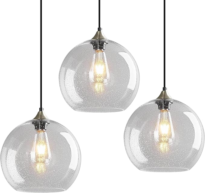 Modern 3-Pack Glass Globe Pendant Lights, Clear Modern Pendant Lighting for Kitchen Island, Clear Glass Hanging Lamps for Dining Room Living Room Bedroom, Large 9.85 Inch Fixture (Bulbs Not Included)