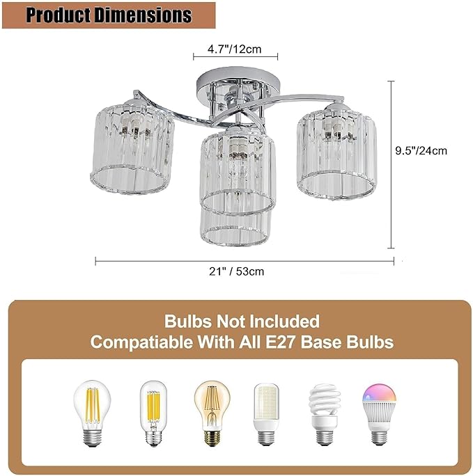 Crystal Chandelier, Modern Elegant Ceiling Light E26 Base Easy Installation Durable Metal Frame for Living Room Bedroom Dining Room, Silver