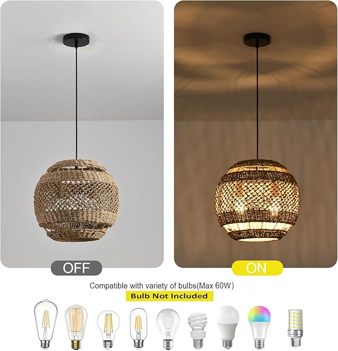 Rattan Pendant Light 13.78" Boho Wicker Seagrass Pendant Light Hand Woven Water Plants Rattan Chandelier for Dining Living Bedroom Kitchen Farmhouse