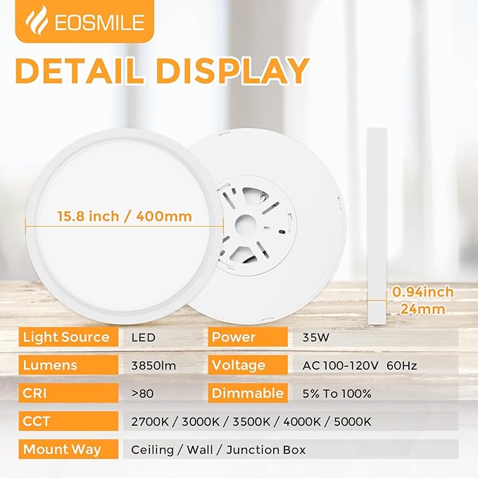 2Pack 15.8 Inch LED Flush Mount Ceiling Light, 35W, 3850LM, 2700K-5000K 5CCT Selectable & Dimmable, White Round Flat Panel Light for Hallway, Kitchen, Bedroom, Laundry Room
