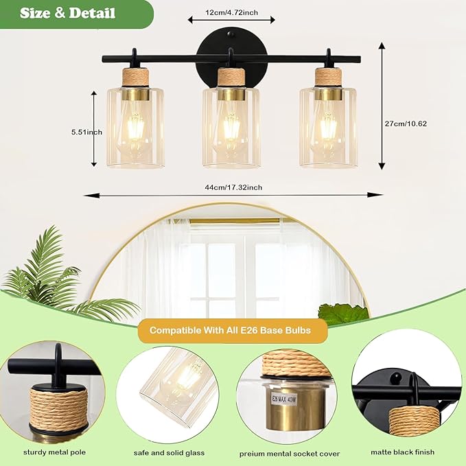 Bathroom Light Fixtures,3-Light Matte Black Vanity Light with Clear Glass Shade,Farmhouse Bathroom Lighting Fixtures Over Mirror,Wall Sconces for Bedroom Kitchen Cabinet Living Room Hallway