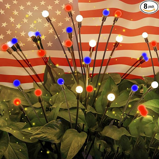 OZS 8 Pack Solar American Flag Lights - 4th of July Solar Garden Outdoor Waterproof Firefly Light for Memory Day, Independence Day, National Day Decoration (Red White Blue)