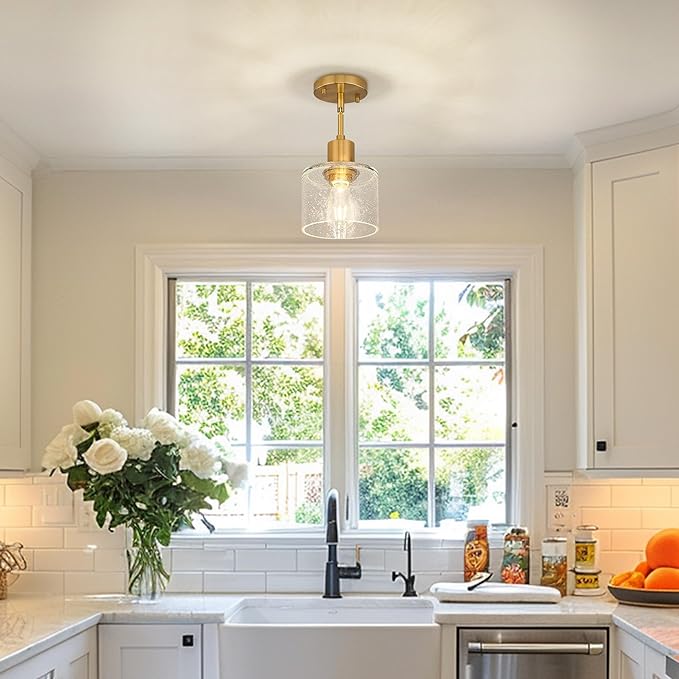 LMS Modern 1-Light Semi Flush Mount Ceiling Light, Brushed Gold Close to Ceiling Light with Seeded Glass Shade, Farmhouse Lighting for Hallway Corridor Kitchen, LMS-101GD