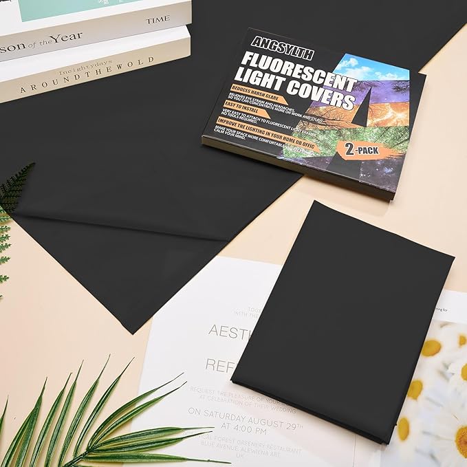 2 Pcs Fluorescent Light Covers - 4 x 2 Feet Covers for Ceiling Lights, Magnetic Light Filters for Classroom, Office, Hospitals, Home (Black)