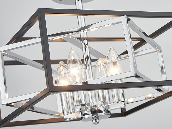 Square Ceiling Light, 4-Light Flushmount Modern Close to Ceiling Light Fixture for Living Room, Bedroom, Dining Room, L13 x W13 x H10 inch, Black & Silver Finish Frame