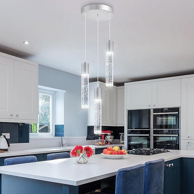 3-Lights Pendants Light for Kitchen Island Chandeliers Dining Room Pendant Lighting Fixture Bubble Crystal Ceiling Hanging Lights Bedroom Island Kitchen 6000K White Light Fixtures Chrome