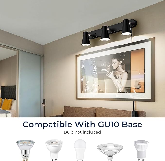 HURYEE Plug in Track Lighting, 3 Light Track Lighting Fixture, White Modern Ceiling Spotlight, Flexibly Rotatable Complete Light Kits for Kitchen Cabinet Living Room（Bulbs Not Included） (Black)