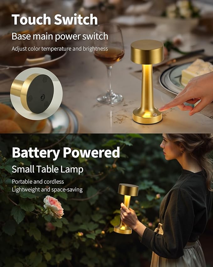 PUSU LED Cordless Small Table Lamps Set of 2, Gold Portable Rechargeable 4000mAh Battery Operated Desk Lamp, 3 Color Stepless Dimming Touch Light for Bedroom, Bedside, Dining Table, Bar, Kids Reading