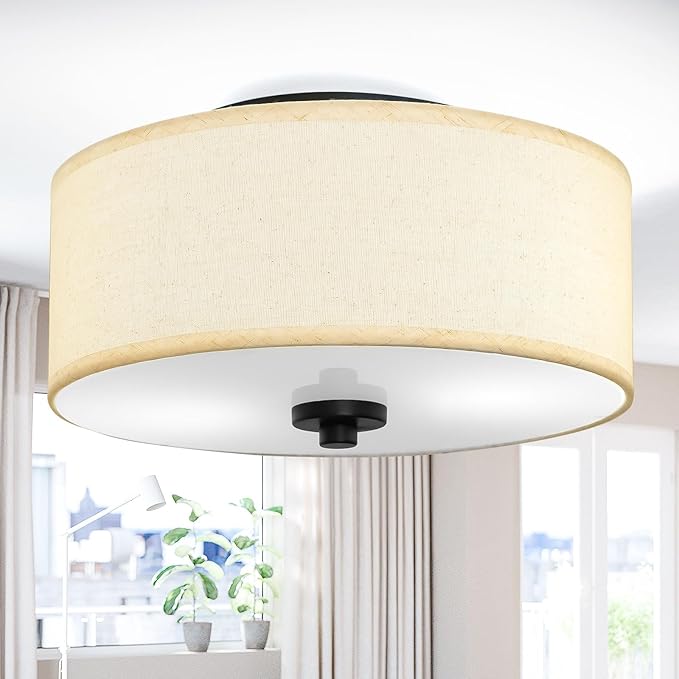 2-Light Flush Mount Ceiling Light Fixture, 12” Modern Close to Ceiling Light with Beige Fabric Drum Shade, Round Pendant Light for Bedroom Hallway Bathroom Dining Kitchen