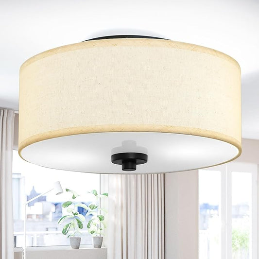 2-Light Flush Mount Ceiling Light Fixture, 12” Modern Close to Ceiling Light with Beige Fabric Drum Shade, Round Pendant Light for Bedroom Hallway Bathroom Dining Kitchen