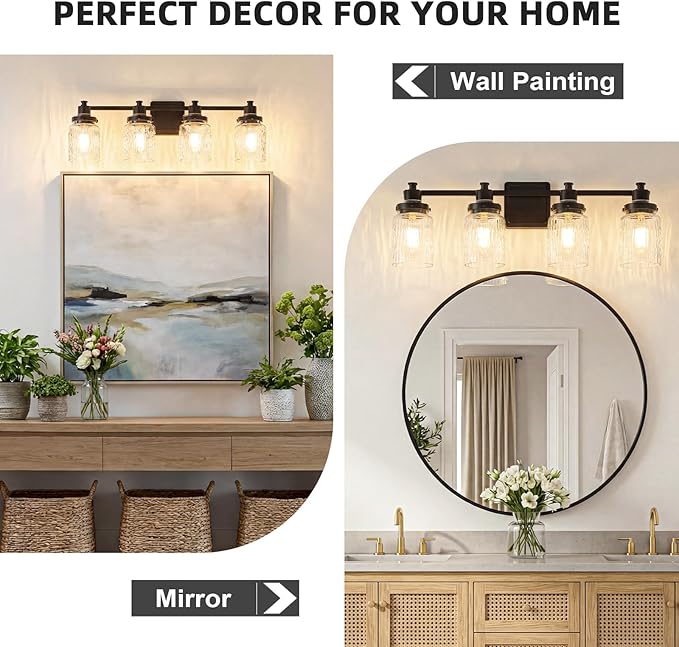 4 Lights Bathroom Light Fixtures Farmhouse Black Vanity Lights for Bathroom Lighting Fixtures Over Mirror with Hammered Glass Lampshade for Cabinet Mirror Bedroom Hallway