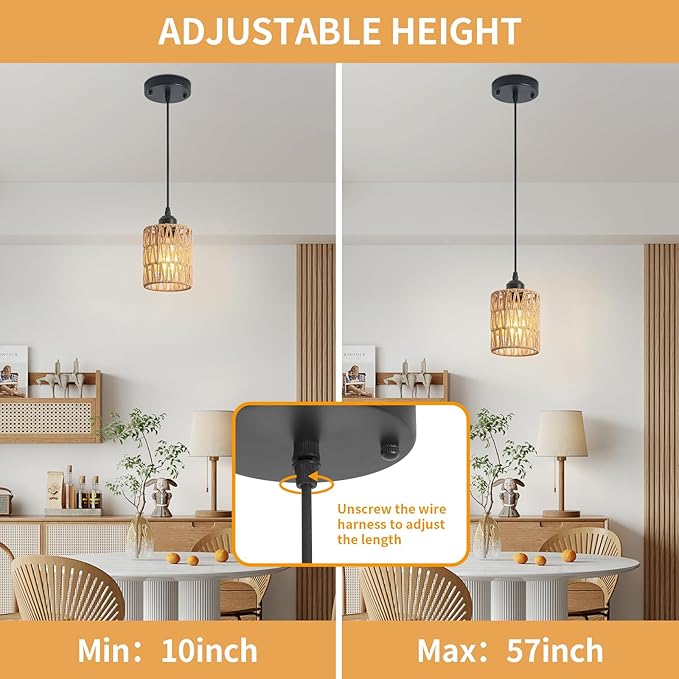 Rattan Chandelier Pendant Lights Kitchen Island,Farmhouse Boho Chandeliers Adjustable Height Hanging lamp for Dining Room,Small Kitchen Ceiling Light Fixtures with Hand Woven Wicker Lampshade