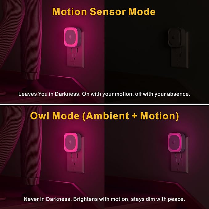 YUNLEX 2 Pack Plug in Night Light with Motion Sensor & Dusk to Dawn Sensor, Soft Pink Glow for Bedroom, Hallway, Girls Room, 3 Sensor Modes, Auto ON/Off, Dimmable Nightlight as Mother GIFS