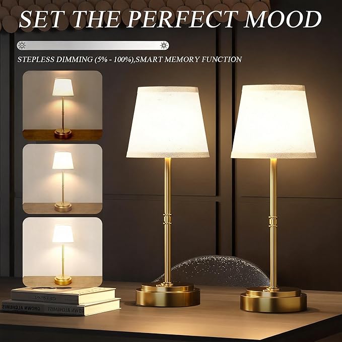 Rechargeable Cordless Table Lamp Gold - 1 Pack Brass 7500mAh Battery Operated Lamp, Small Antique Brass Aesthetic Desk Lamp for Kitchen Counter, Bathroom Vanity & Dining Room