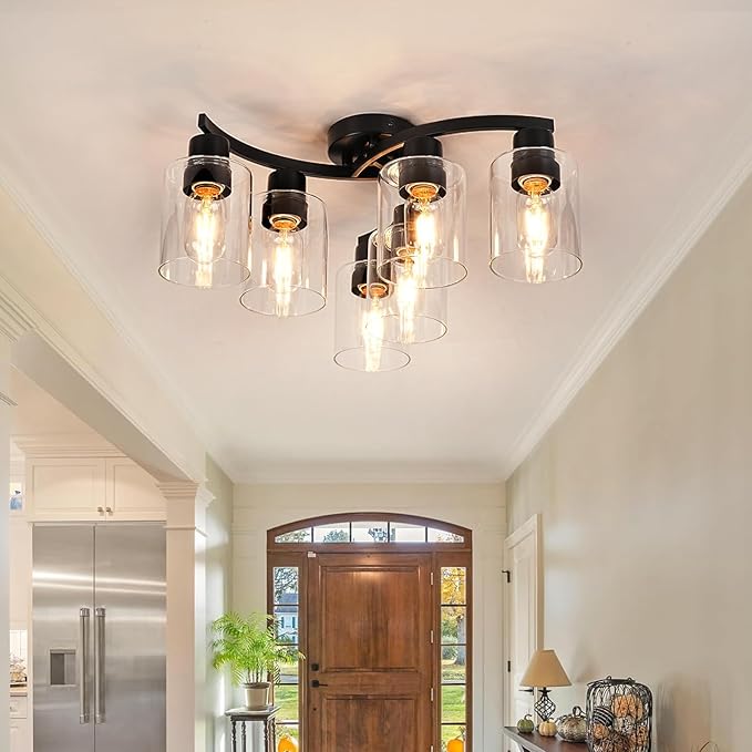WILON 20'' 6-Light Large Black Semi Flush Mount Ceiling Light Fixture with Clear Glass Shades, Modern Farmhouse Chandelier for Dining Room Living Kitchen