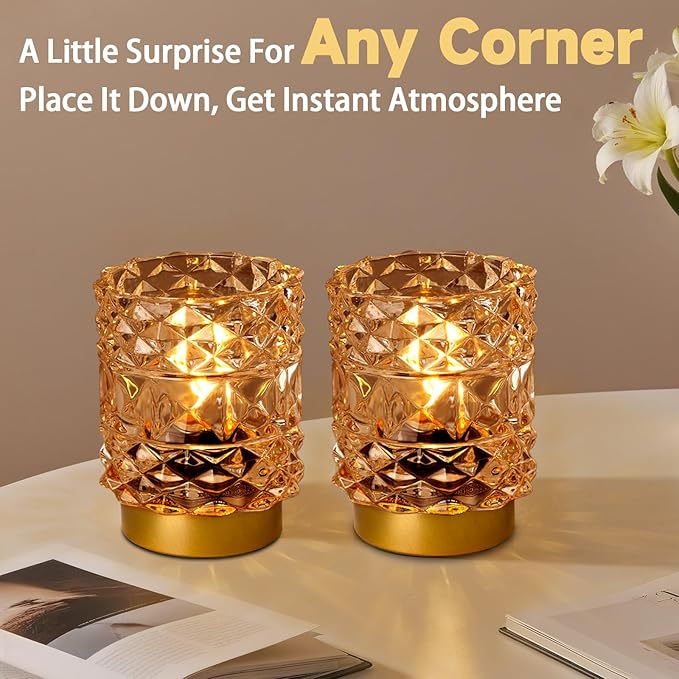 Battery Operated Lamp with Timer, Cordless Table Lamps for Shelf Decor, Rhombus Texture Aesthetic Crystal Lamp, Small Decorative Lamps for Bedroom/Bathroom/Kitchen/Entryway/Dorm (2 Pack Yellow)
