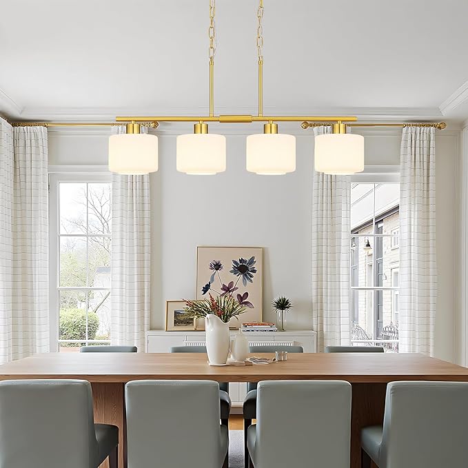 4-Light Brushed Gold Kitchen Island Lighting, Modern Linear Dining Room Chandelier Light Fixtures with Milk Glass and Chain, Mid Century Hanging Lights for Kitchen Island, OS-YQ8153-4ISBGW