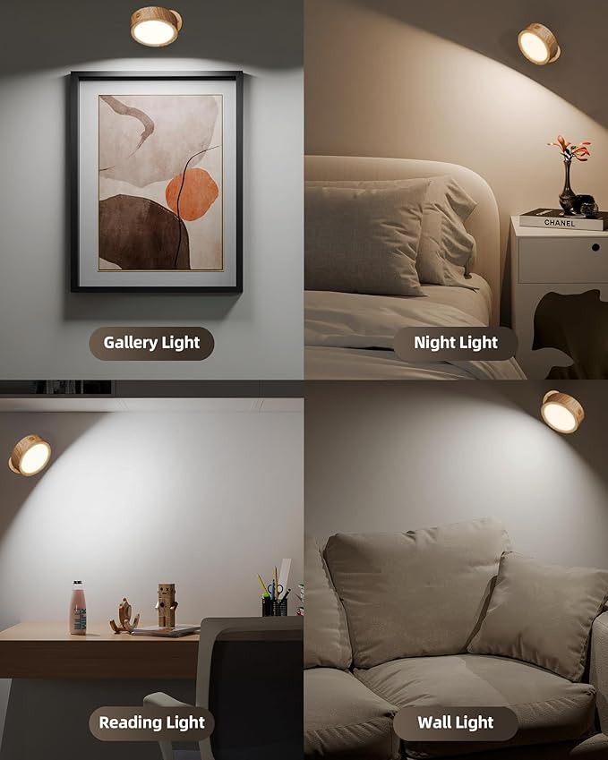 EZVALO LED Wall Mounted Light, 3000mAh Rechargeable Cordless Wall Sconce, Dimmable with Remote & Touch Control, 3 Color Temps, 360° Rotatable for Bedroom, Bedside, Reading(Wood, 2Pack)