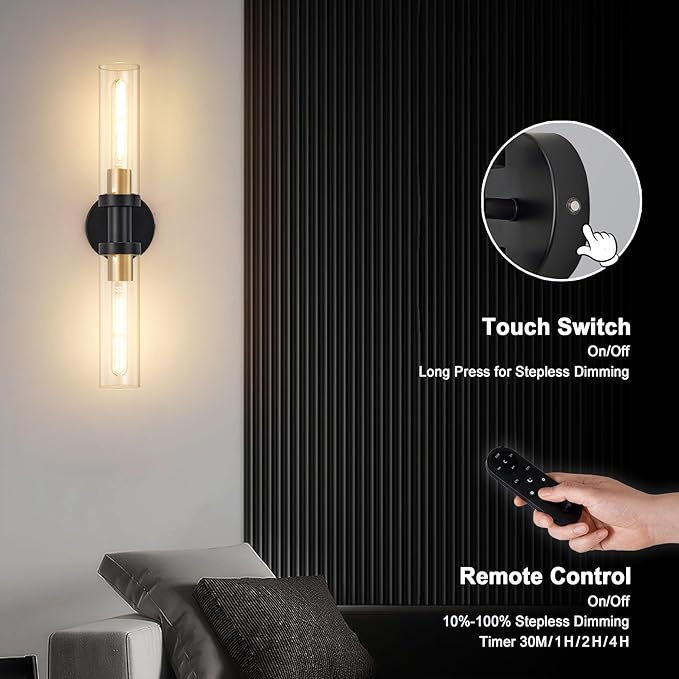 SANTOSTOCK Battery Operated Wall Sconce Set of 2, 12000mAh Rechargeable Wall Lights with Remote Control, Wireless Dimmable Wall Lamps for Bedroom Living Room Bathroom Hallway Stairwell, Black & Gold