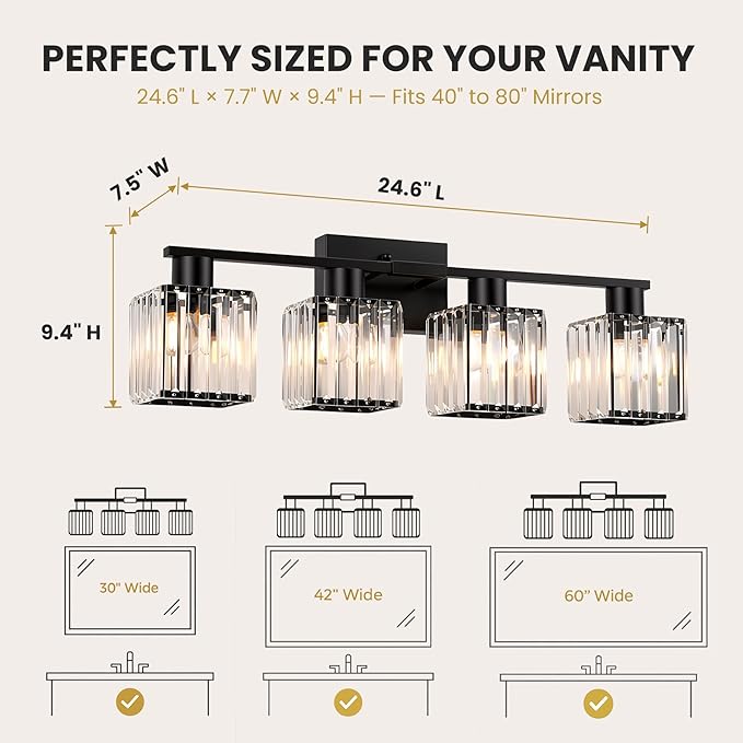 Crystal Bathroom Light Fixtures, 4-Light Matte Black, Vanity Lights for Bathroom Over Mirror, Modern Bath Wall Sconce for Mirror Bedroom Living Room