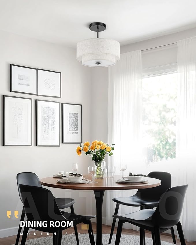 AUTELO Black Semi Flush Mount Ceiling Light, 3-Light 12" Flush Mount Ceiling Light in Black Finish with Drum Fabric Shade for Hallway Bedroom Kitchen, C2506 BK-12