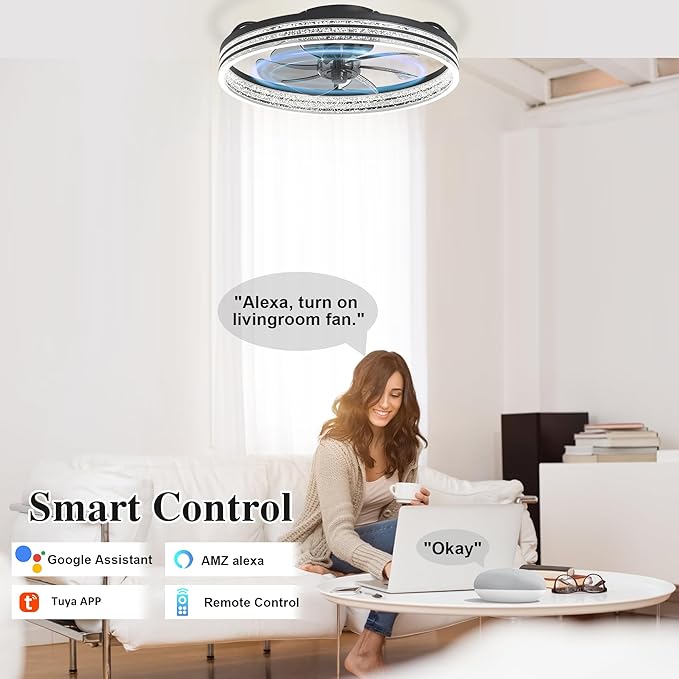 Smart Ceiling Fans with Lights Remote - WiFi Alexa 20'' Flush Mount Low Profile Modern Ceiling Fans for Bedroom -Stepless Color Temperature and 6 Speeds - Crystal Stripe